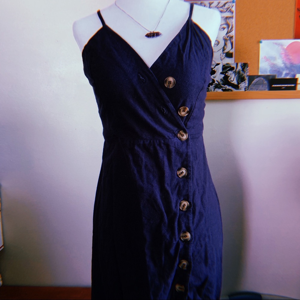 Navy Linen Wrap Dress w/ Split